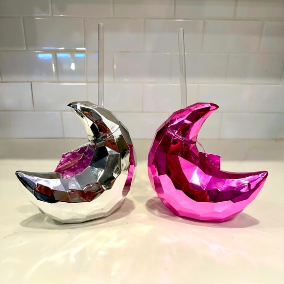 Sheffield Home Other - Moon-Shaped Tumblers with Straw | Mirrored Silver & Pink | 8 OZ | Set of 2 NWT